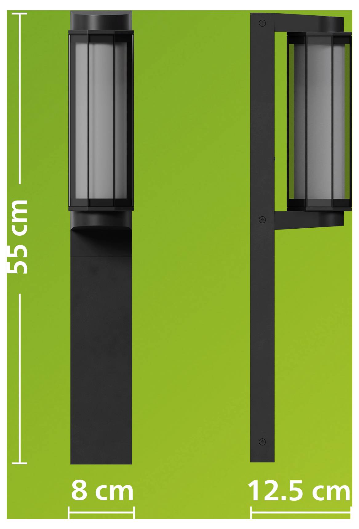 Produktdimensionsdiagramm einer schwarzen Wandleuchte: 55 cm hoch, 8 cm breit und 12,5 cm tief auf grünem Hintergrund.