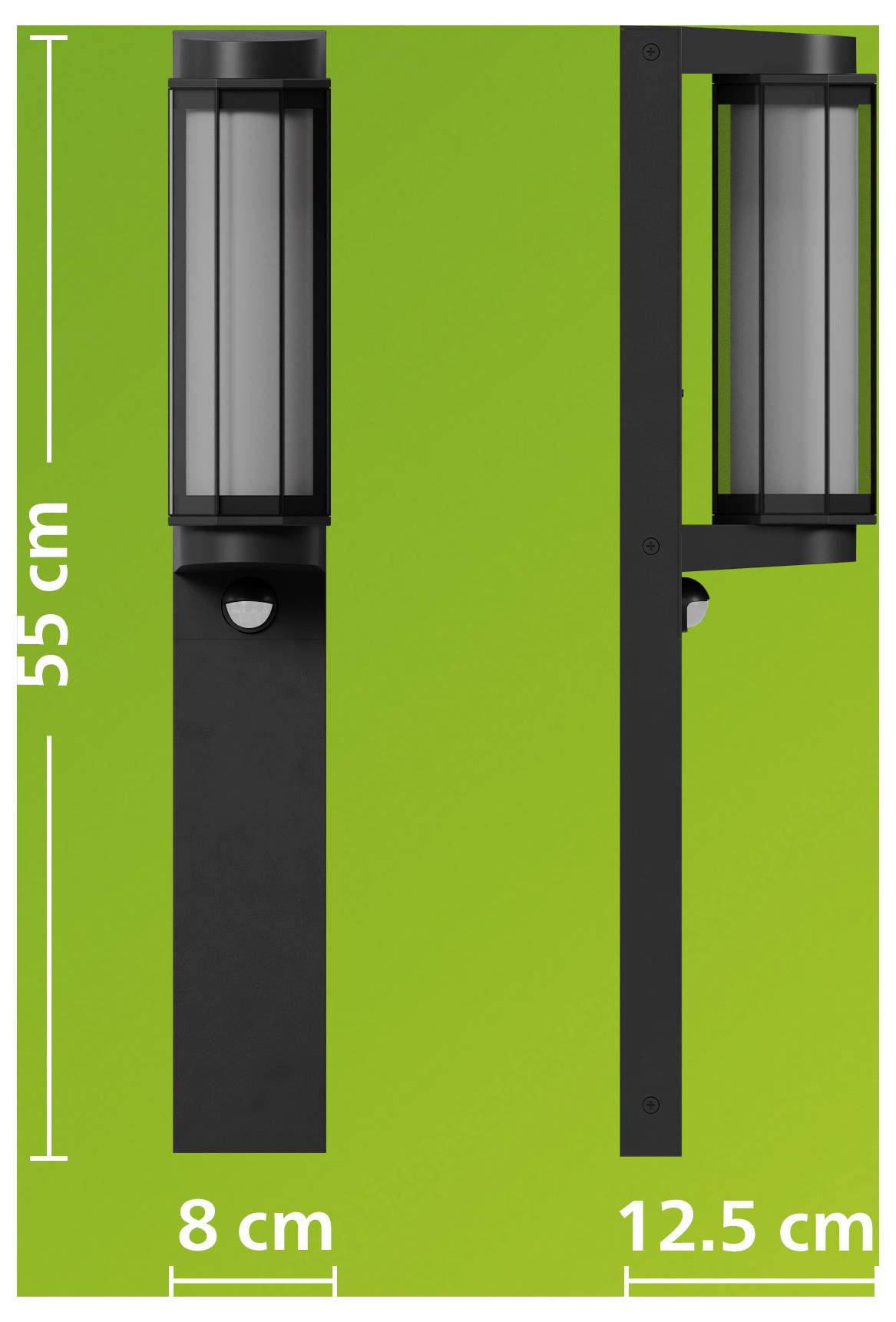 Schwarz an der Wand montiertes Außenlicht in Vorder- und Seitenansicht auf grünem Hintergrund, gekennzeichnet mit 55 cm Höhe, 8 cm Breite und 12,5 cm Tiefe.