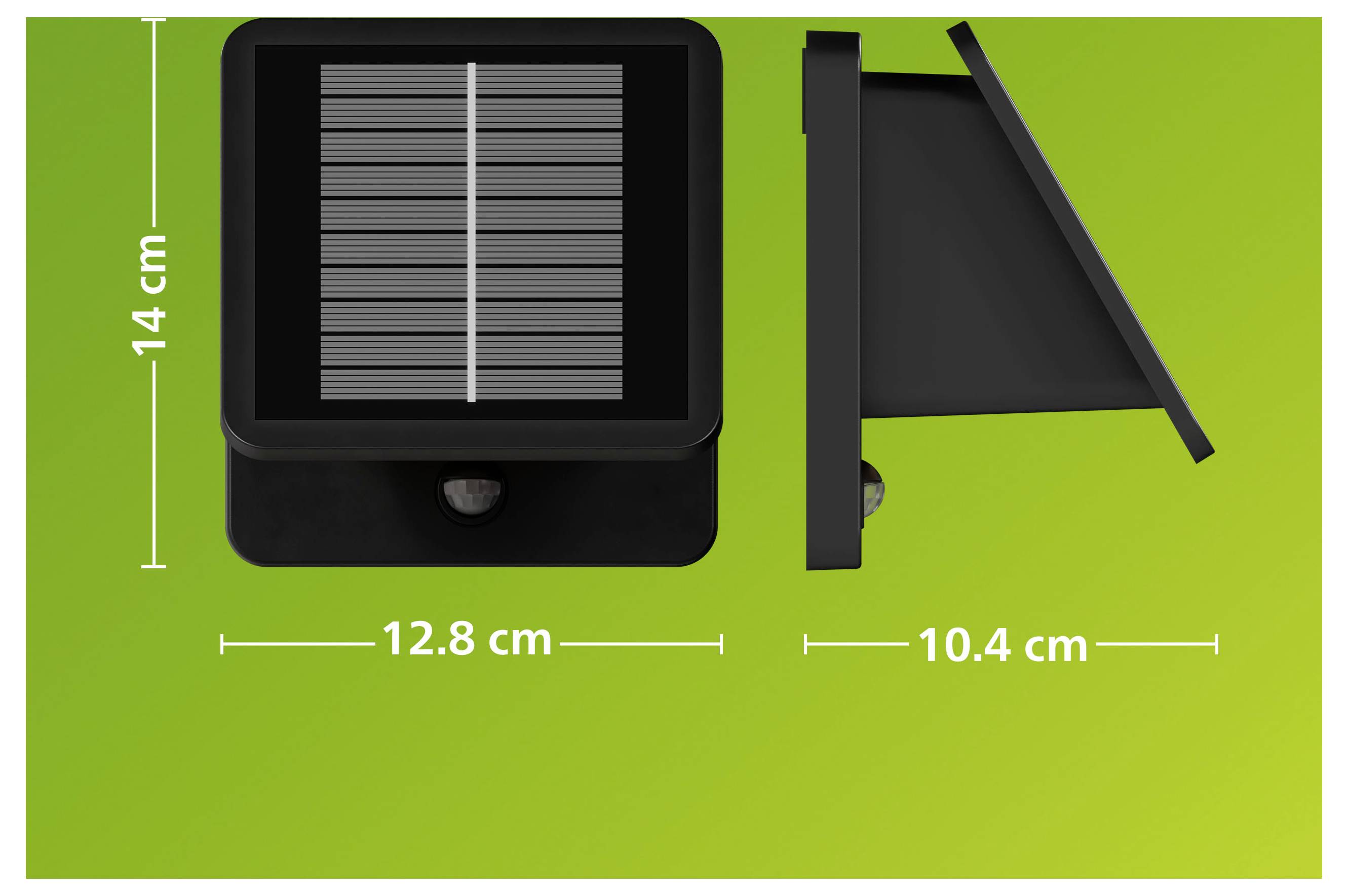 Solarwandleuchte in Vorder- und Seitenansicht mit Abmessungen: 14 cm hoch, 12,8 cm breit und 10,4 cm tief.