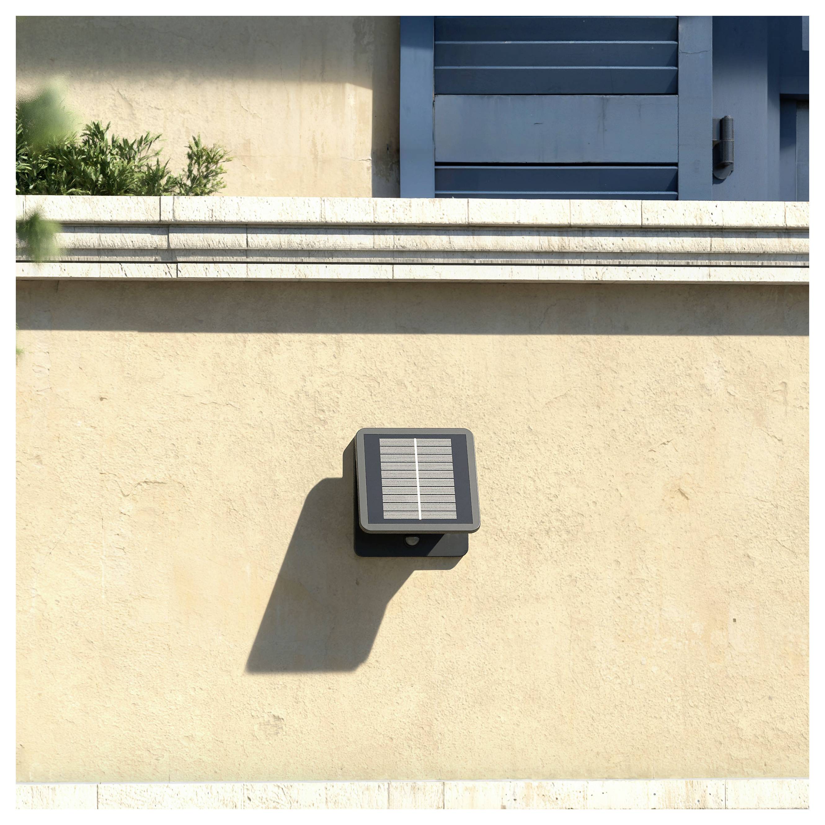 Außenwandleuchte, die auf einer beigen Stuckwand montiert ist und einen langen Schatten unter einem blaugetäfelten Fenster wirft.