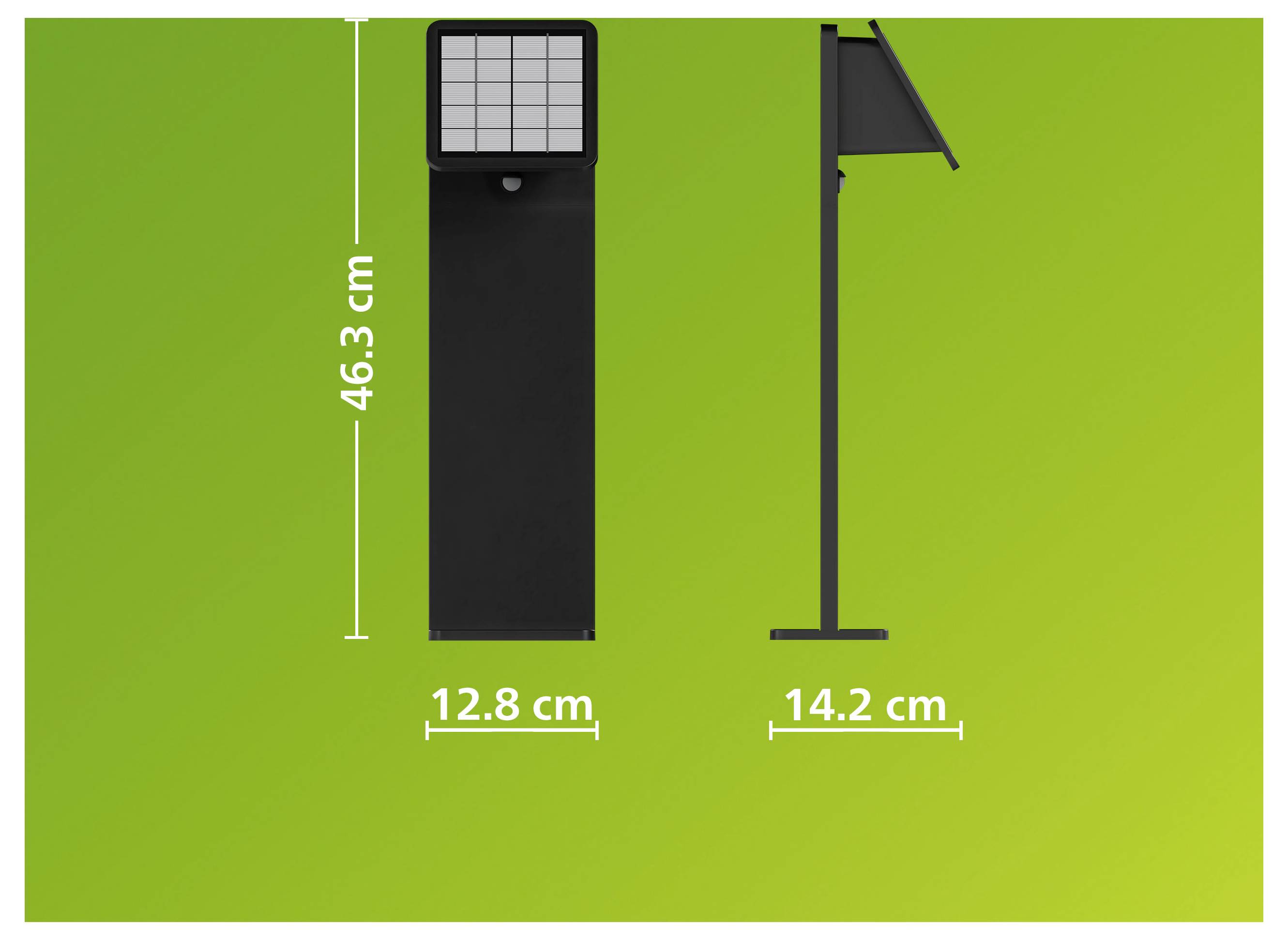Produktabmessungen eines schwarzen Solar-Gartenlichts: 46,3 cm hoch, 12,8 cm breit und 14,2 cm tief.