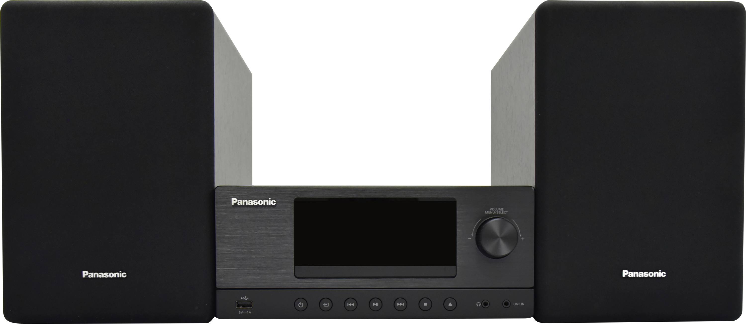 Panasonic-Stereosystem mit zwei großen schwarzen Lautsprechern und einer zentralen Kontrolleinheit mit Display und Lautstärkeregler.