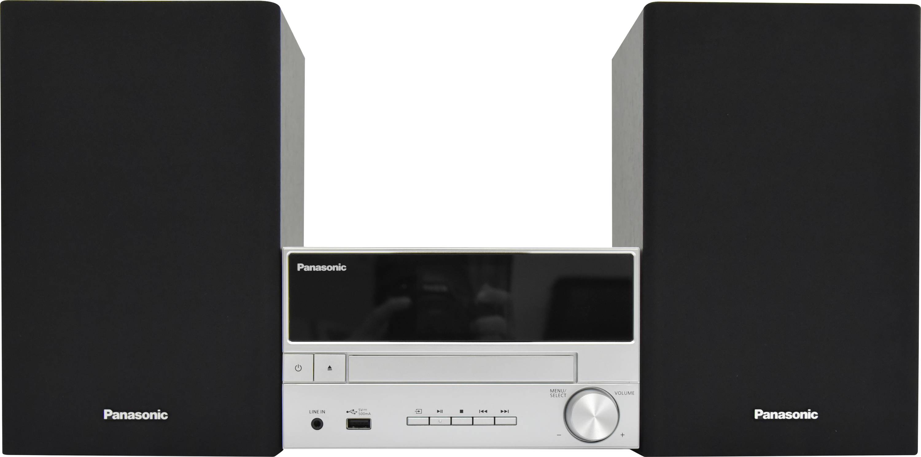 Panasonic-Stereosystem mit zwei hohen schwarzen Lautsprechern, die einen zentralen CD-Receiver und eine Bedienblende flankieren.