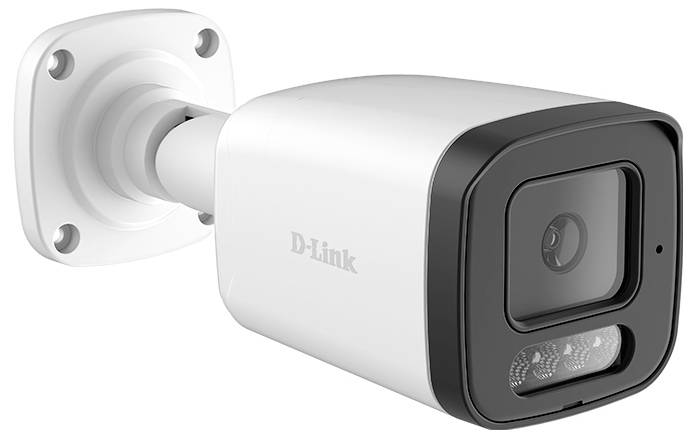 Weiße D-Link-Sicherheitskamera auf einer Wandhalterung montiert, mit schwarzer Frontlinse und Infrarotsensoren.