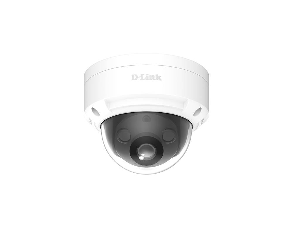 D-Link weiße Domesicherheitskamera mit dunkler Objektivfassung, in der Vorderansicht auf neutralem Hintergrund dargestellt.