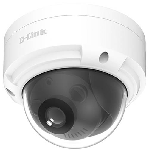 D-Link Domenkamera mit weißer Deckenmontage und schwarzer Schutzlinse mit Reflexionsschutz.