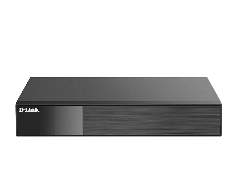 D-Link schwarzes rechteckiges Netzwerkgerät oder Router, Vorderansicht auf weißem Hintergrund.