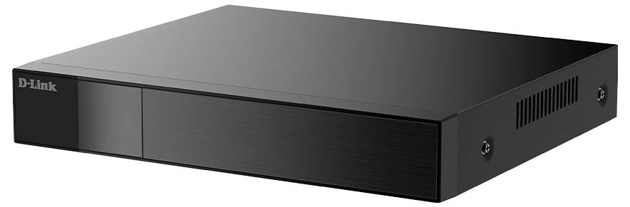 Schwarzes D-Link-Netzwerkgerät in einem rechteckigen Metallgehäuse, in Perspektive auf weißem Hintergrund dargestellt.