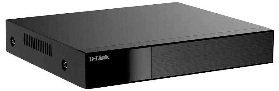 Schwarzes D-Link-Netzwerkgerät, wahrscheinlich ein Router oder Switch, in Perspektive auf weißem Hintergrund dargestellt.