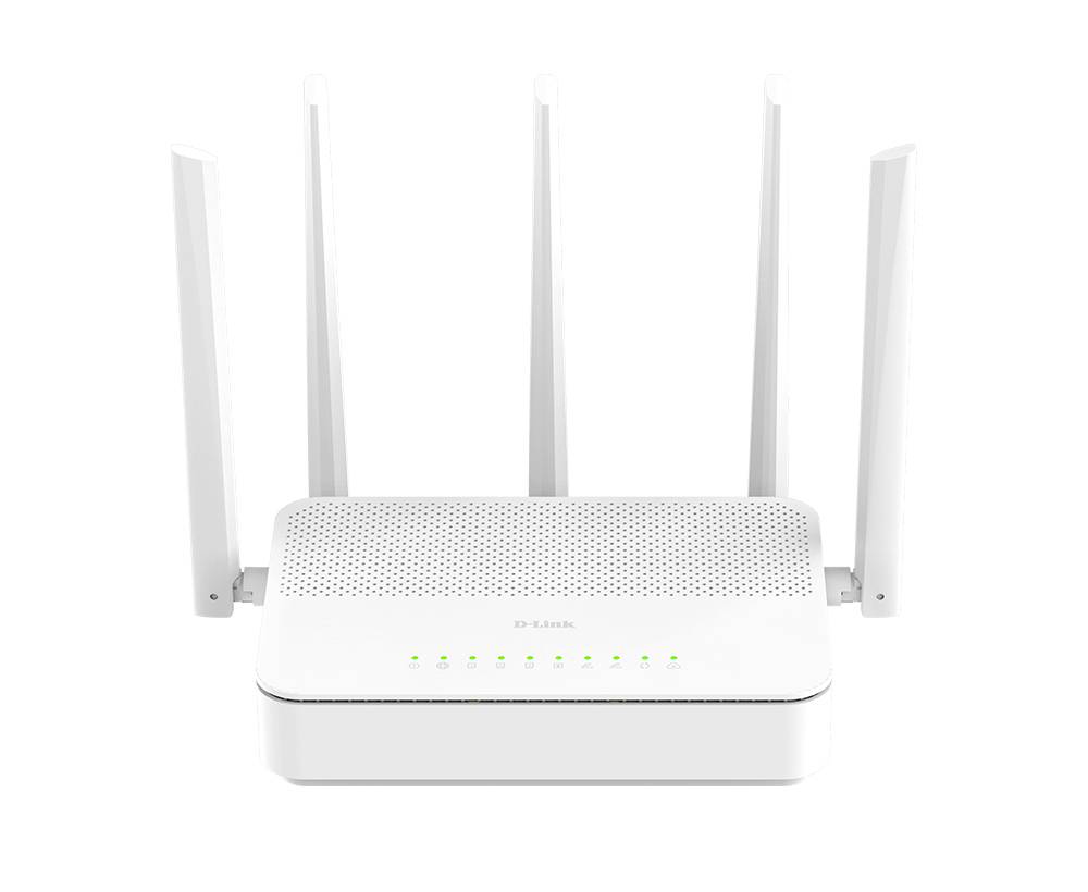 Weißer Wi-Fi-Router mit sechs externen Antennen und grünen Statusleuchten an der Vorderseite.