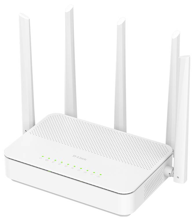 Weißer D-Link WLAN-Router mit vier Antennen und grünen Statusleuchten an der Vorderseite.