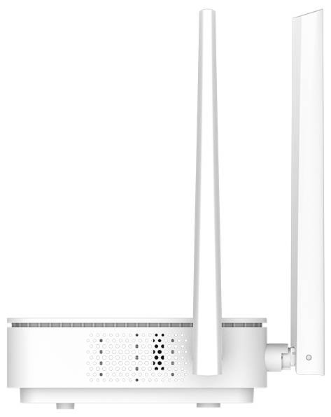 Weiß­er kabellosen Router mit zwei hohen Antennen und perforierter belüfteter Basis, gezeigt vor einfachem Hintergrund.
