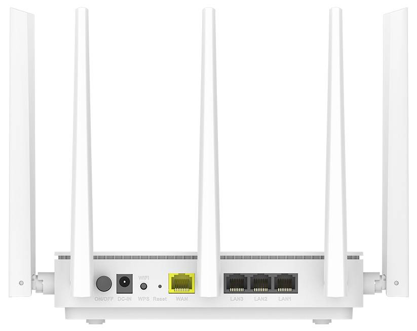 Weißer Wi-Fi-Router mit vier Antennen, zeigt Rückseite mit Anschlüssen und Beschriftungen für EIN/AUS, Stromeingang, WPS, Zurücksetzen, WAN und LAN1–LAN3.