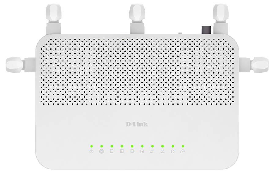 Weißer D-Link WLAN-Router mit drei Antennen und grünen Statusleuchten auf der Vorderseite.