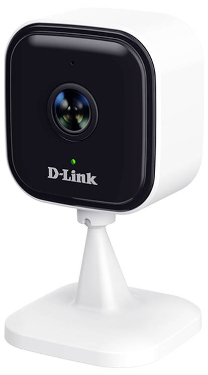 D-Link Wireless-Sicherheitskamera mit schwarzem Frontlinse auf weißem Ständer montiert.