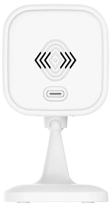 Quadratisches weißes Tabletop-Gerät auf einem Ständer, mit einem zentralen WLAN-Symbol und einem kleinen USB-C-Anschluss darunter.