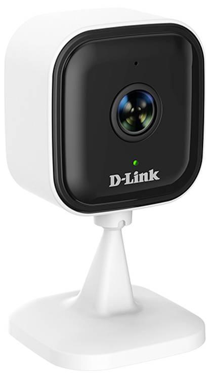 D-Link-Sicherheitskamera mit schwarzem quadratischem Linsengehäuse auf weißem Ständer, dargestellt vor einfachem weißem Hintergrund.