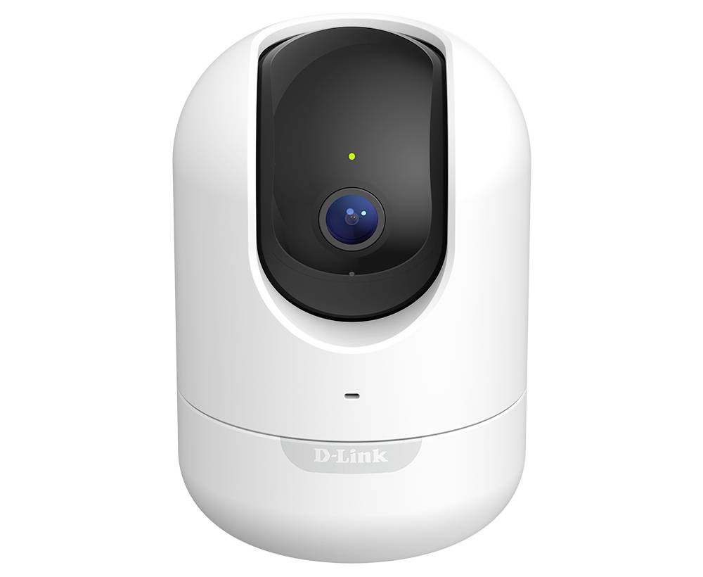 Frontansicht einer weißen D-Link-Sicherheitskamera mit schwarzem Linsenpanel und kleiner Statusleuchte, dargestellt vor neutralem Hintergrund.