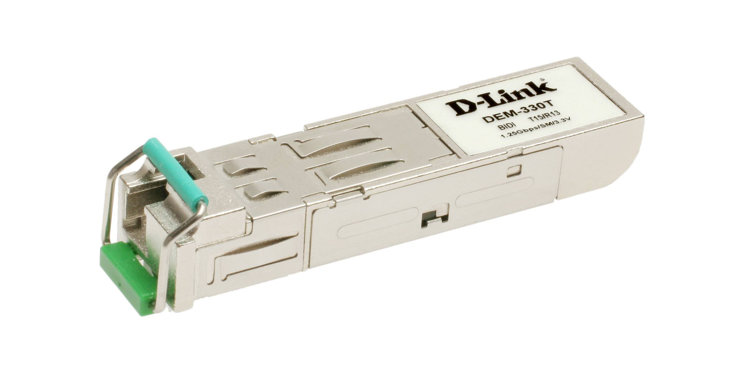 Silver D-Link DEM-230T Faseroptik-Transceiver-Modul mit grünem Steckerport und türkisfarbenem Riegel, dargestellt auf weißem Hintergrund