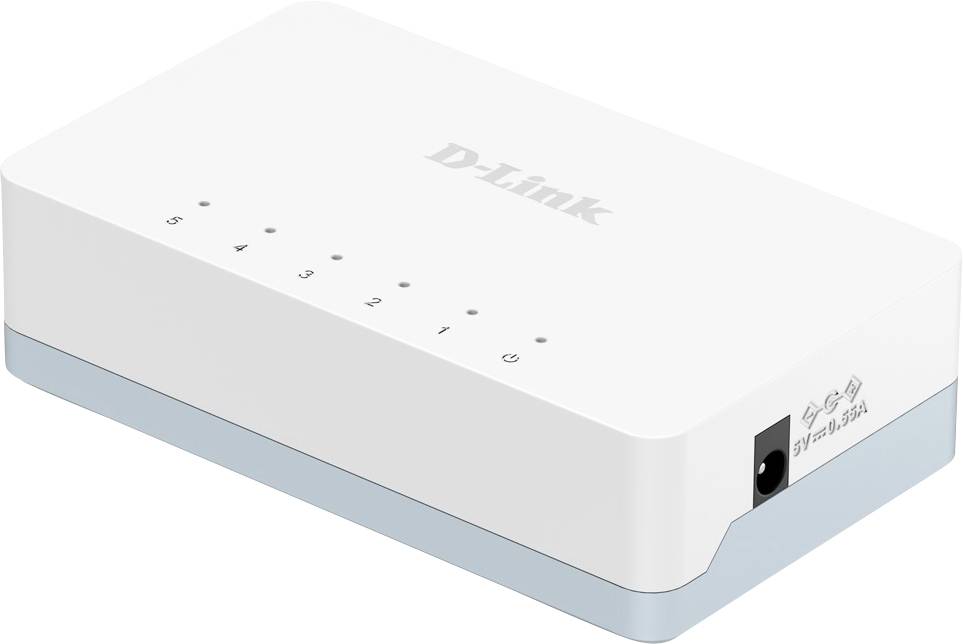 Weißes D-Link-Netzwerkgerät in schräger Ansicht, mit nummerierten LED-Indikatoren oben und einem Stromanschluss an der Seite.