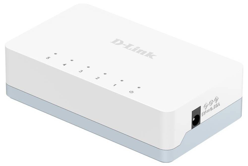 Weiße D-Link Netzwerkschaltanlage mit sechs nummerierten Anschlüssen/Anzeigelampen oben und einer Stromversorgungsbuchse an der Seite.