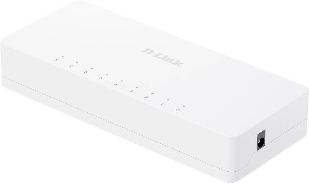 Weißes D-Link Wireless-Netzwerkgerät mit Statusleuchten und Stromversorgungsanschluss, dargestellt in schräger Produktansicht.