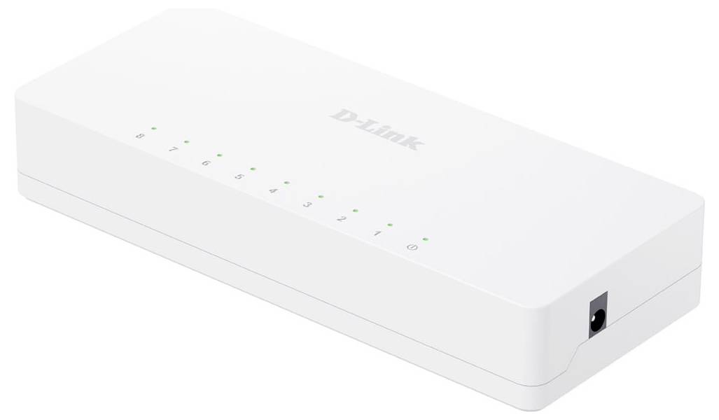 Weißer D-Link Netzwerk-Switch mit mehreren grünen Status-LEDs oben und einem Stromversorgungsanschluss auf der rechten Seite.