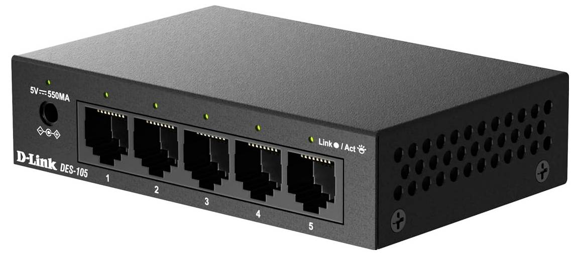 D-Link DES-105 5-Port-Ethernet-Switch in schwarzem Metallgehäuse mit fünf RJ45-Anschlüssen an der Vorderseite und Statusleuchten.