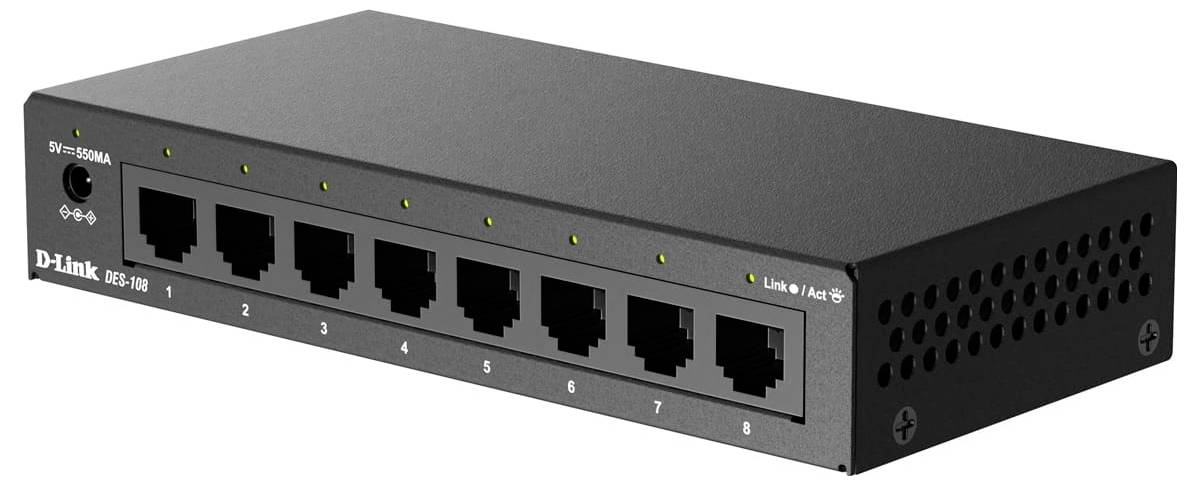 Schwarzer D-Link 8-Port-Ethernet-Switch mit LED-Statusanzeigen an der Vorderseite und nummerierten Anschlüssen 1–8 auf neutralem Hintergrund.