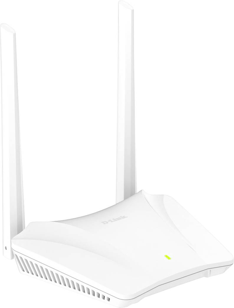 Weißer D-Link WLAN-Router mit zwei vertikalen Antennen und einem kleinen grünen Statuslicht auf einfachem weißem Hintergrund.