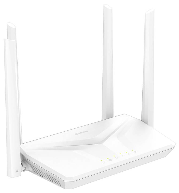 Weißer kabelloser Router mit vier externen Antennen und vorderen Statusleuchten auf einfachem Hintergrund.