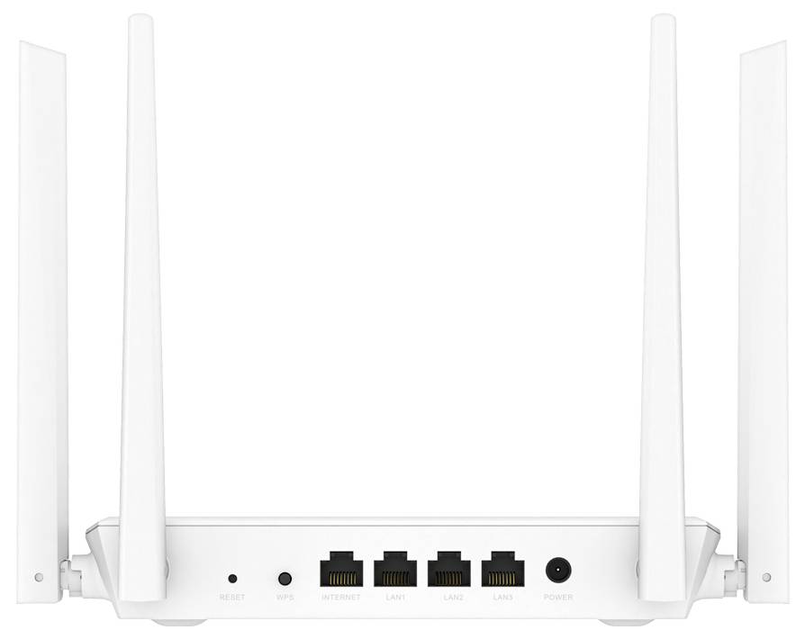 Rückansicht eines weißen Wi-Fi-Routers mit vier externen Antennen, die Ethernet-Anschlüsse, Reset-/WPS-Tasten und Stromversorgungsanschluss zeigen.