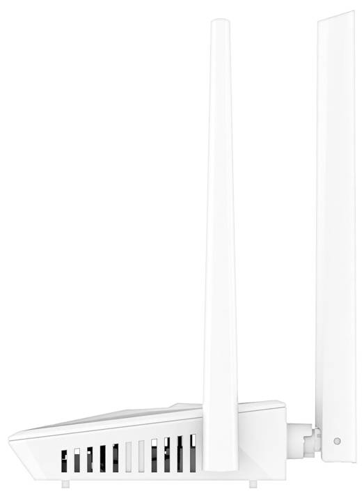 Weißer kabelloses Router mit zwei hohen externen Antennen auf einem schlichten weißen Hintergrund, in Seitenansicht dargestellt.