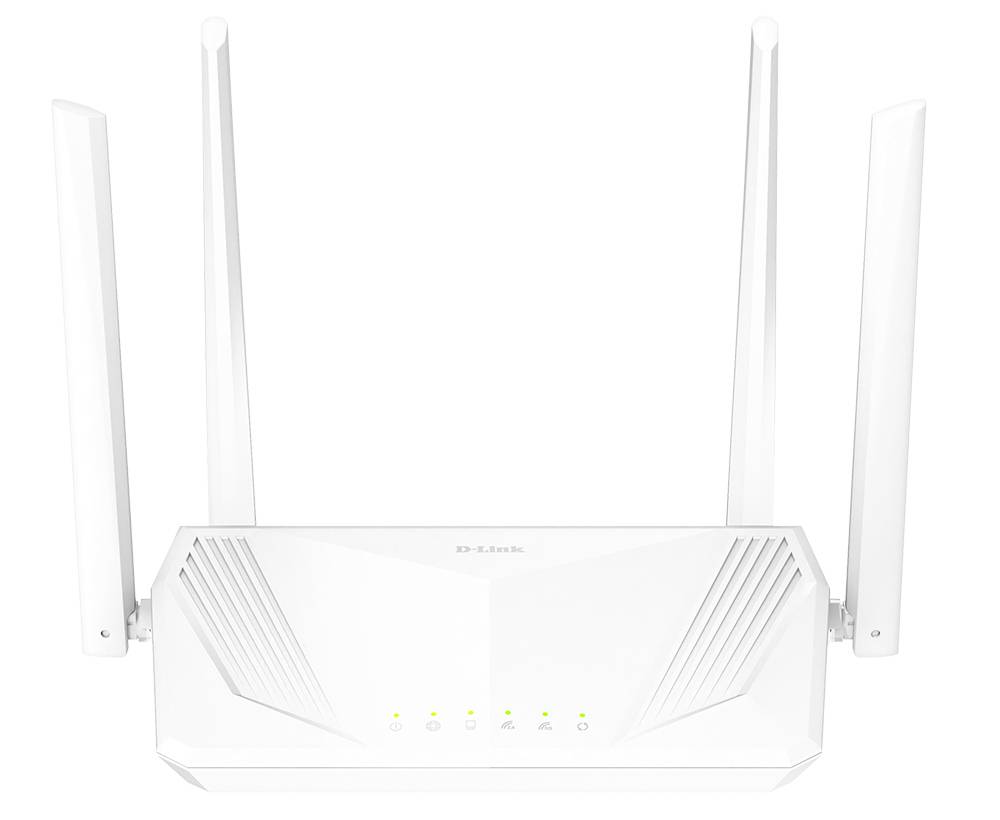 Weißer D-Link WLAN-Router mit vier externen Antennen und vorderen Statusleuchten, gezeigt auf weißem Hintergrund.