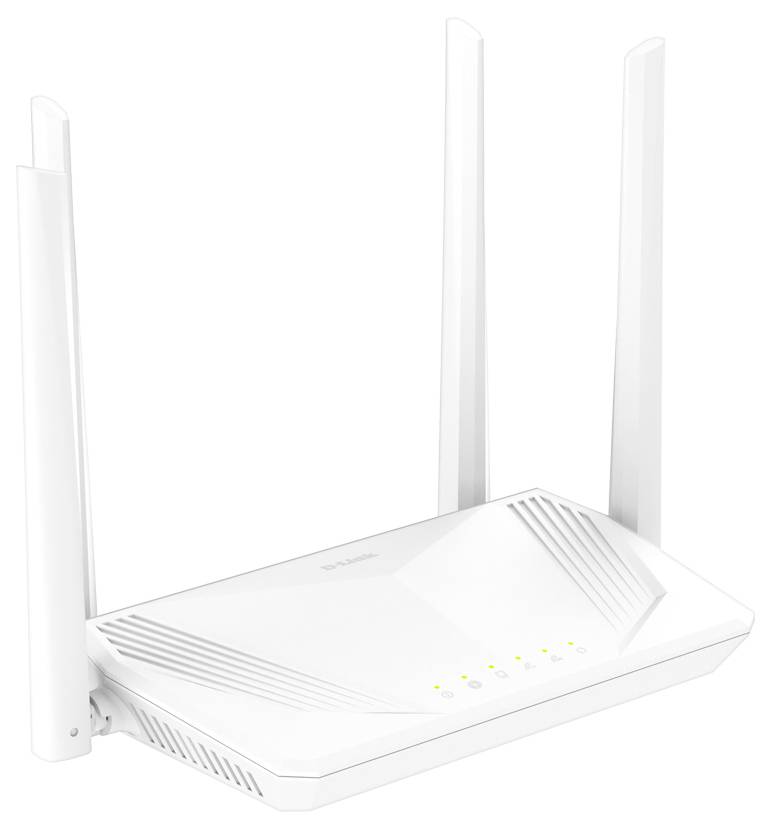 Weißer Wi-Fi-Router mit vier Antennen und leuchtenden Status-LEDs auf einfachem Hintergrund.