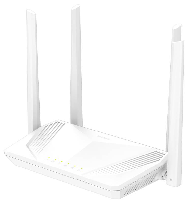 Weiß er WLAN-Router mit vier externen Antennen und leuchtenden Status-LEDs, gezeigt vor einem einfachen weißen Hintergrund.
