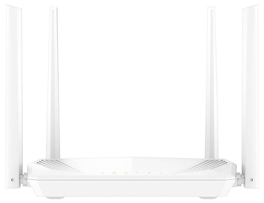 Weißer kabelloser Router mit vier Antennen und vorderen Statusleuchten, isoliert auf weißem Hintergrund gezeigt.