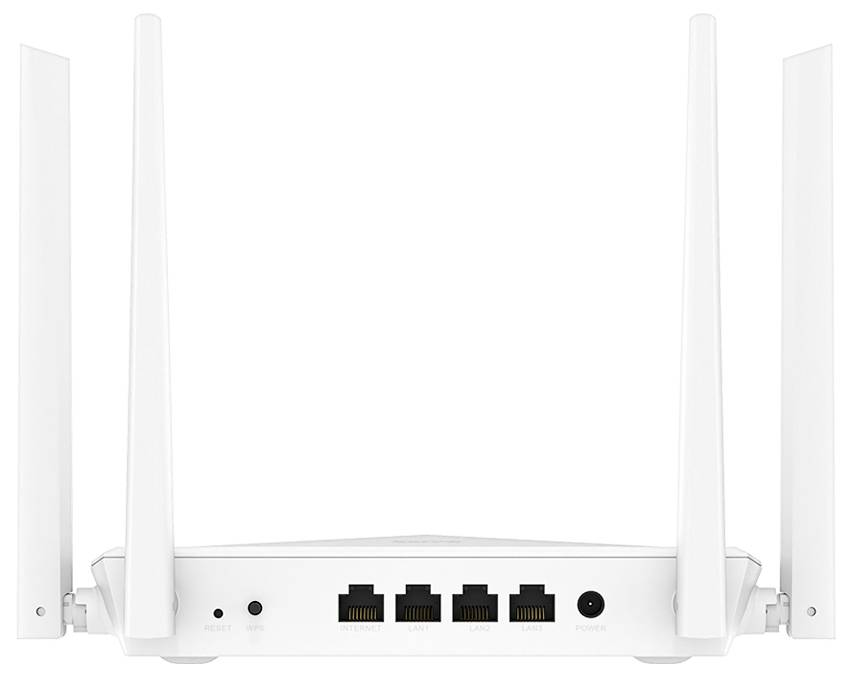 Weißer Wi-Fi-Router mit vier externen Antennen und vier Ethernet-Anschlüssen, Vorderansicht auf einfachem Hintergrund gezeigt.