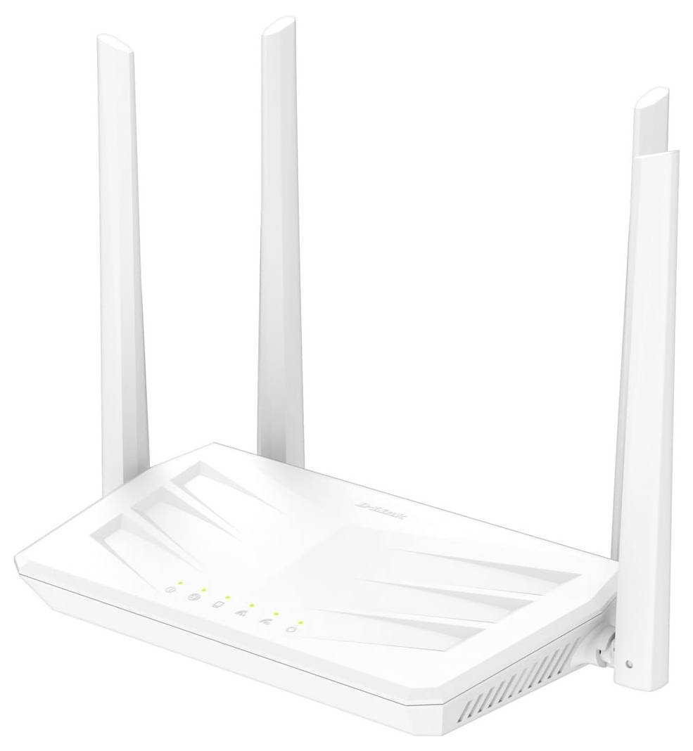 Weißer Wi-Fi-Router mit vier aufrechtstehenden Antennen und kleinen Statusleuchten, gezeigt auf einfachem weißem Hintergrund.