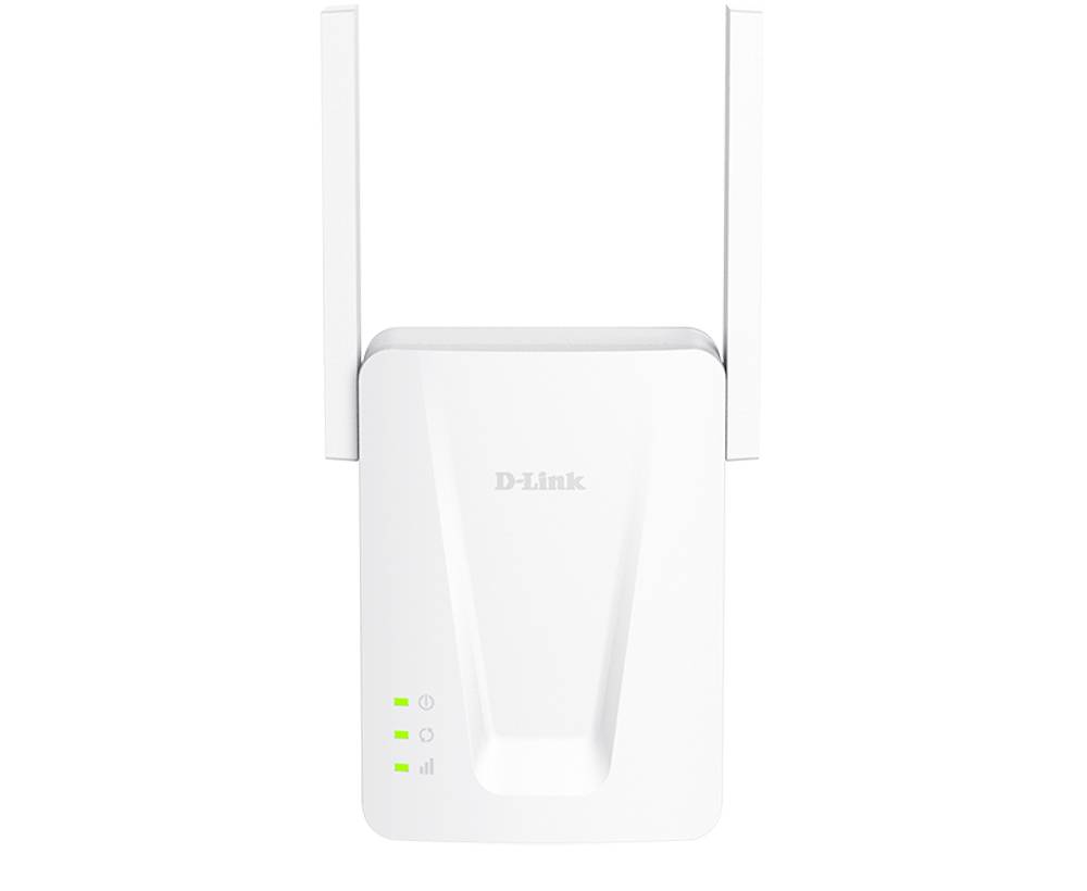 Weißer D-Link Wi-Fi-Reichweitenverstärker mit zwei Antennen und drei grünen Statusleuchten auf einfachem Hintergrund