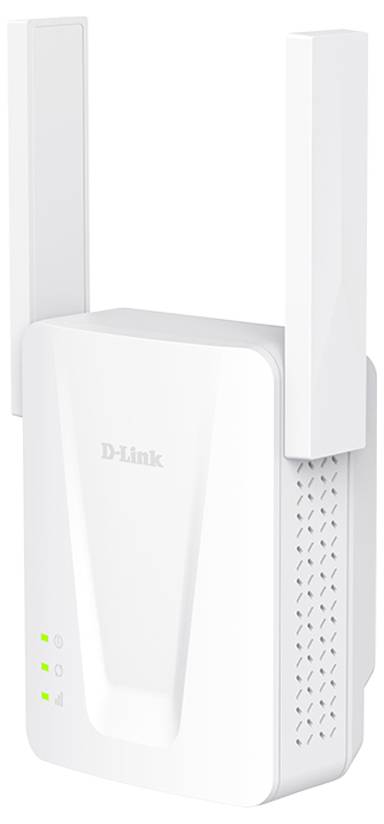 Weißer D-Link Wi-Fi-Verstärker mit zwei externen Antennen und drei grünen Statusleuchten, dargestellt auf einem einfachen weißen Hintergrund.