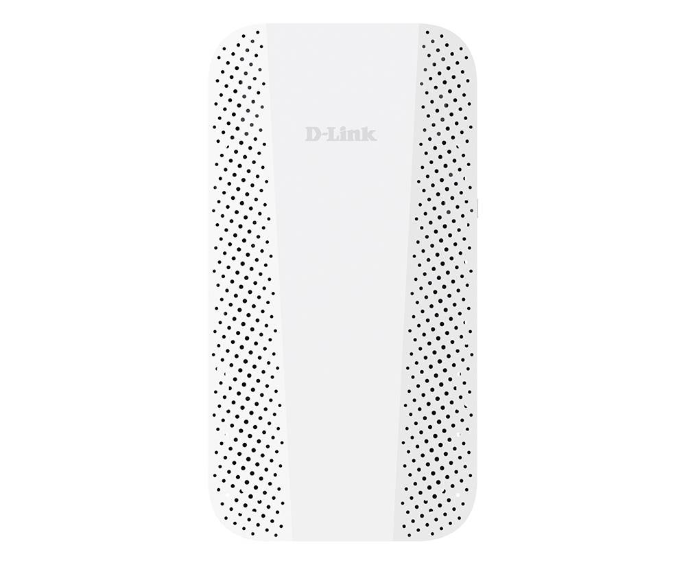 Weißer D-Link WLAN-Verstärker mit perforierten Seitenpaneelen, Vorderansicht auf weißem Hintergrund.