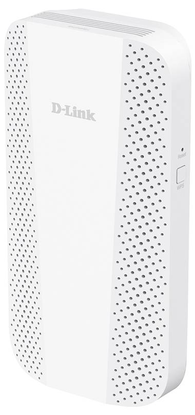 Weiße D-Link-Wandstecker-Reichweitenverlängerung mit perforierten Seiten und kleiner Seitentaste, dargestellt auf einem einfachen Hintergrund.