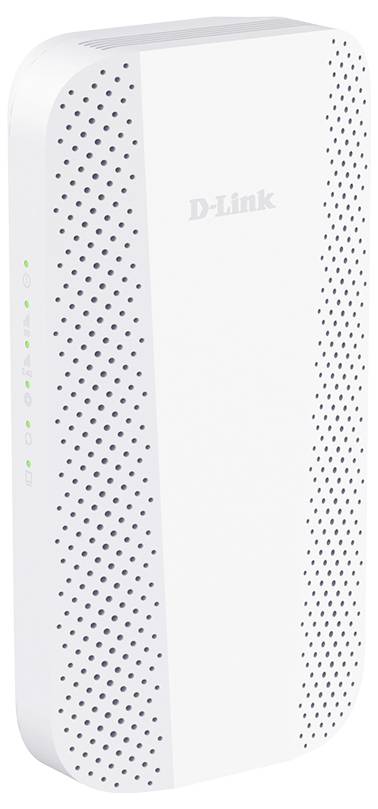 Weißer D-Link Router/Modem mit perforierten Seiten und grünen Statusleuchten an der vorderen Kante.