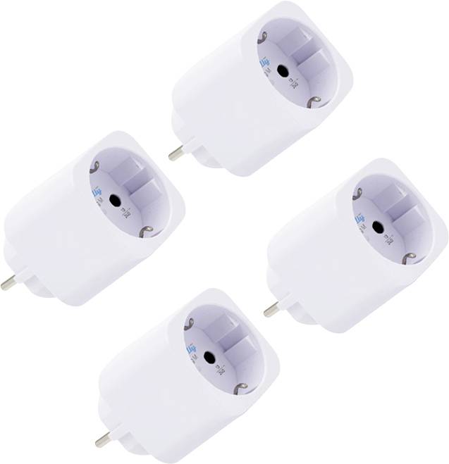 Vier weiße Stecker-Netzteile diagonal auf weißem Hintergrund angeordnet.