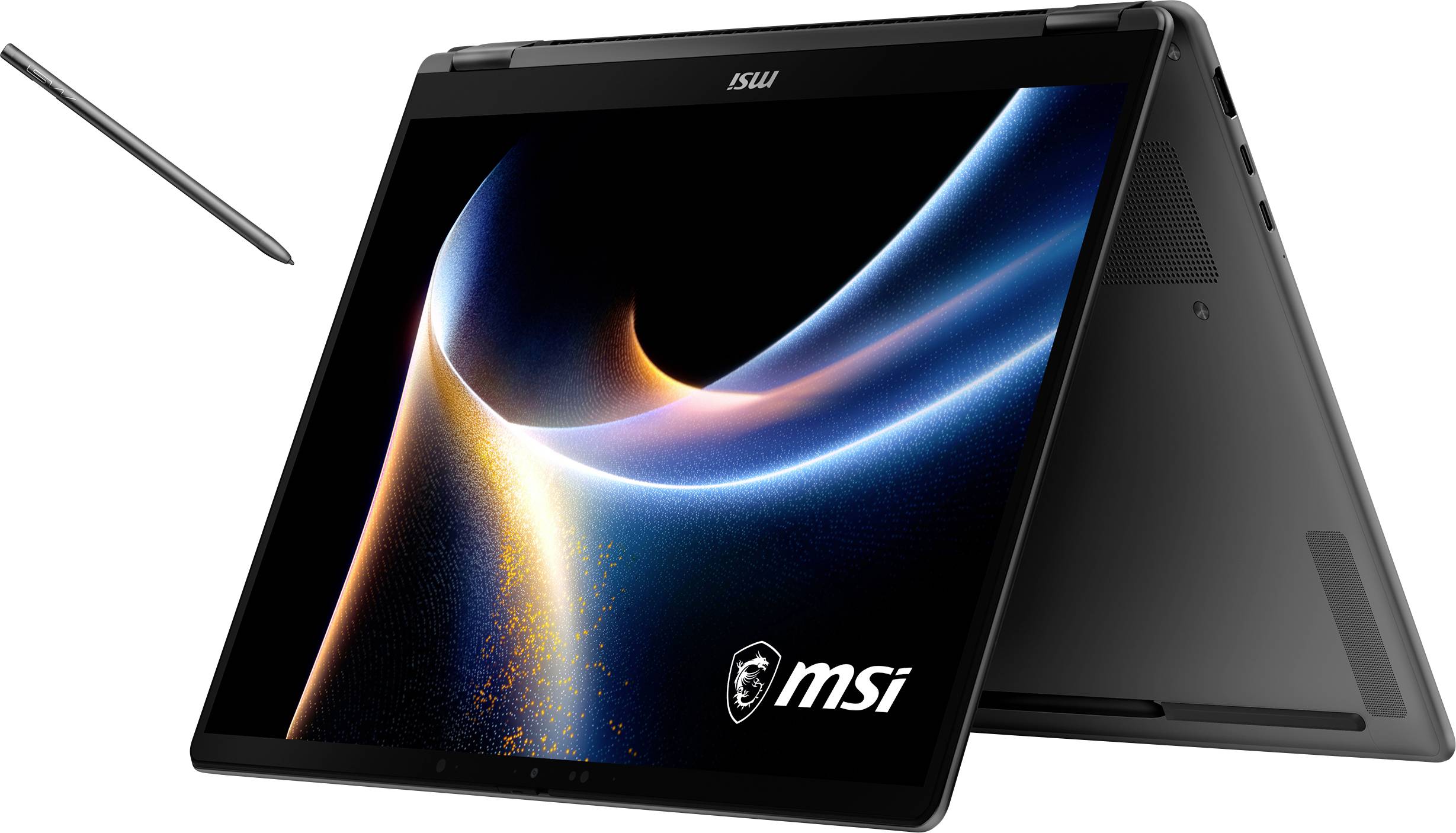 MSI Convertible-Laptop mit Touchscreen und Stift, teilweise im Tablet-Modus eingeklappt.