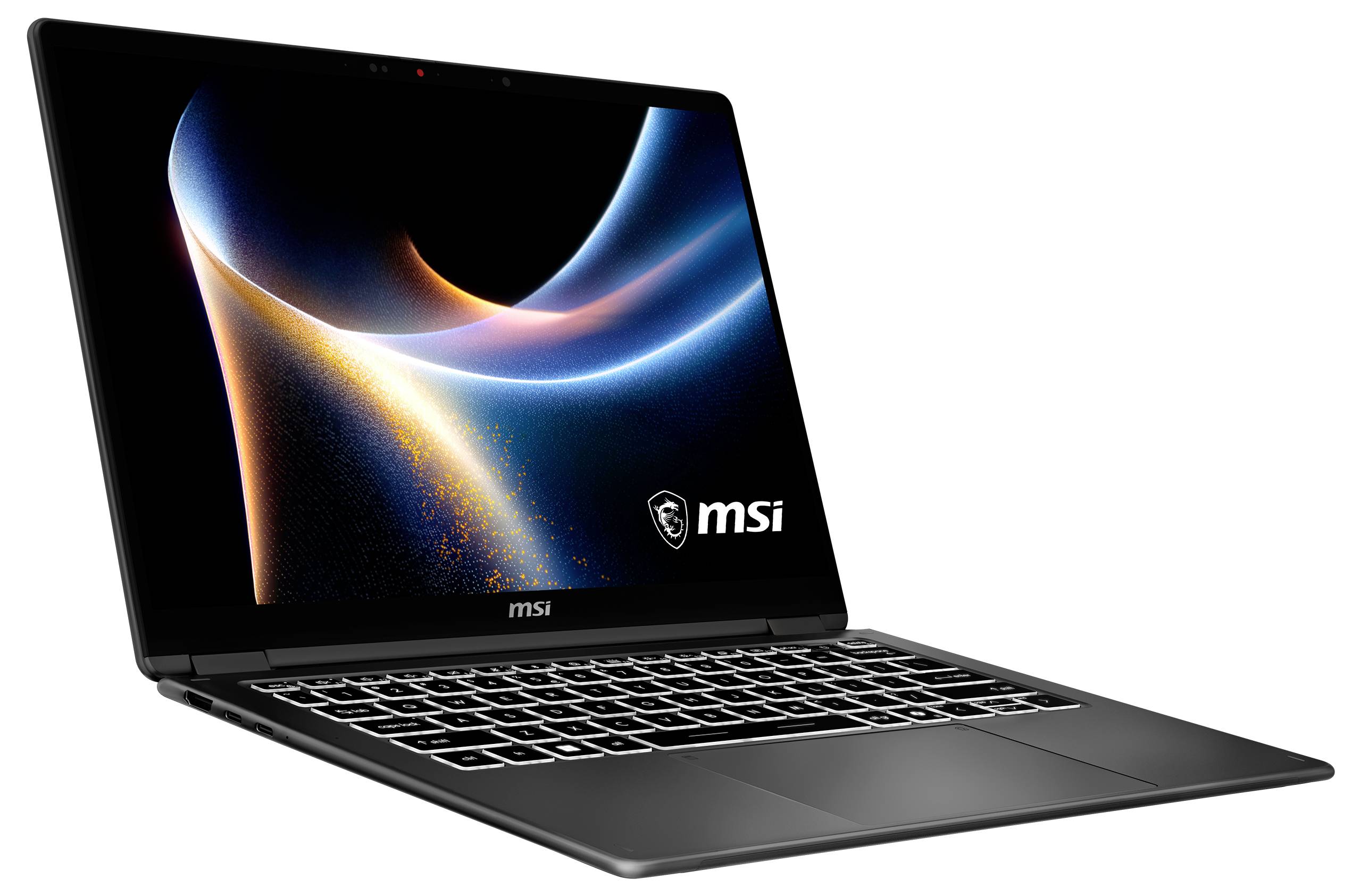 Schwarzer MSI-Laptop in einem Winkel geöffnet, zeigt ein leuchtend abstraktes Hintergrundbild und MSI-Logo auf dem Bildschirm.
