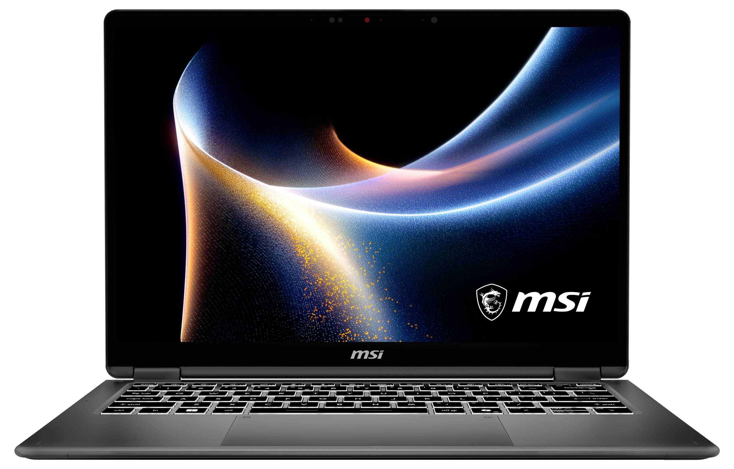 Vorderansicht eines MSI-Laptops mit eingeschaltetem Bildschirm, auf dem ein abstraktes blau-oranges Wellen-Hintergrundbild und das MSI-Logo zu sehen sind.