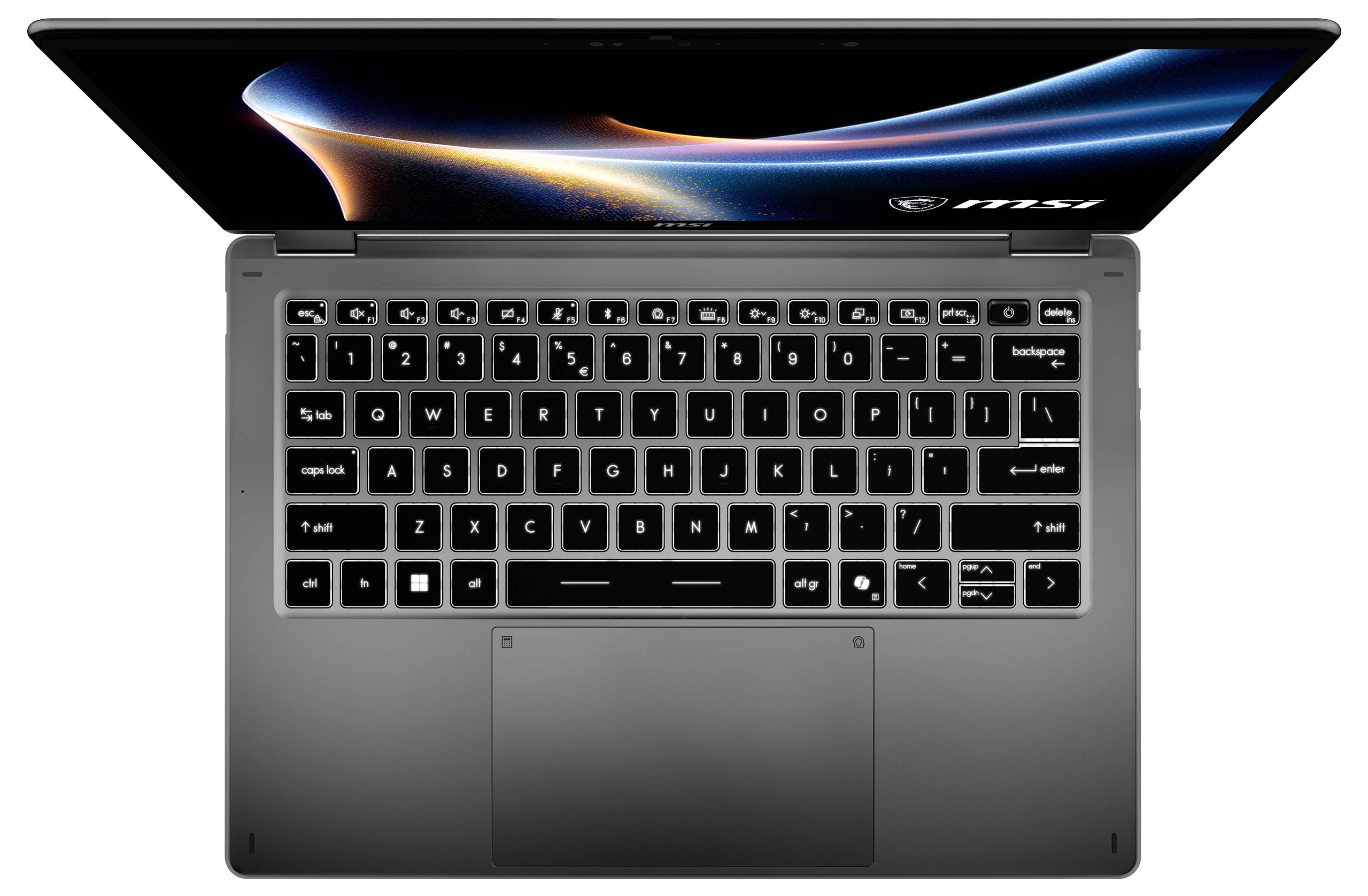 Offener grauer MSI-Laptop von oben fotografiert, mit sichtbarer Tastatur und Trackpad, sowie Bildschirm mit blau-orangem abstraktem Hintergrundbild.