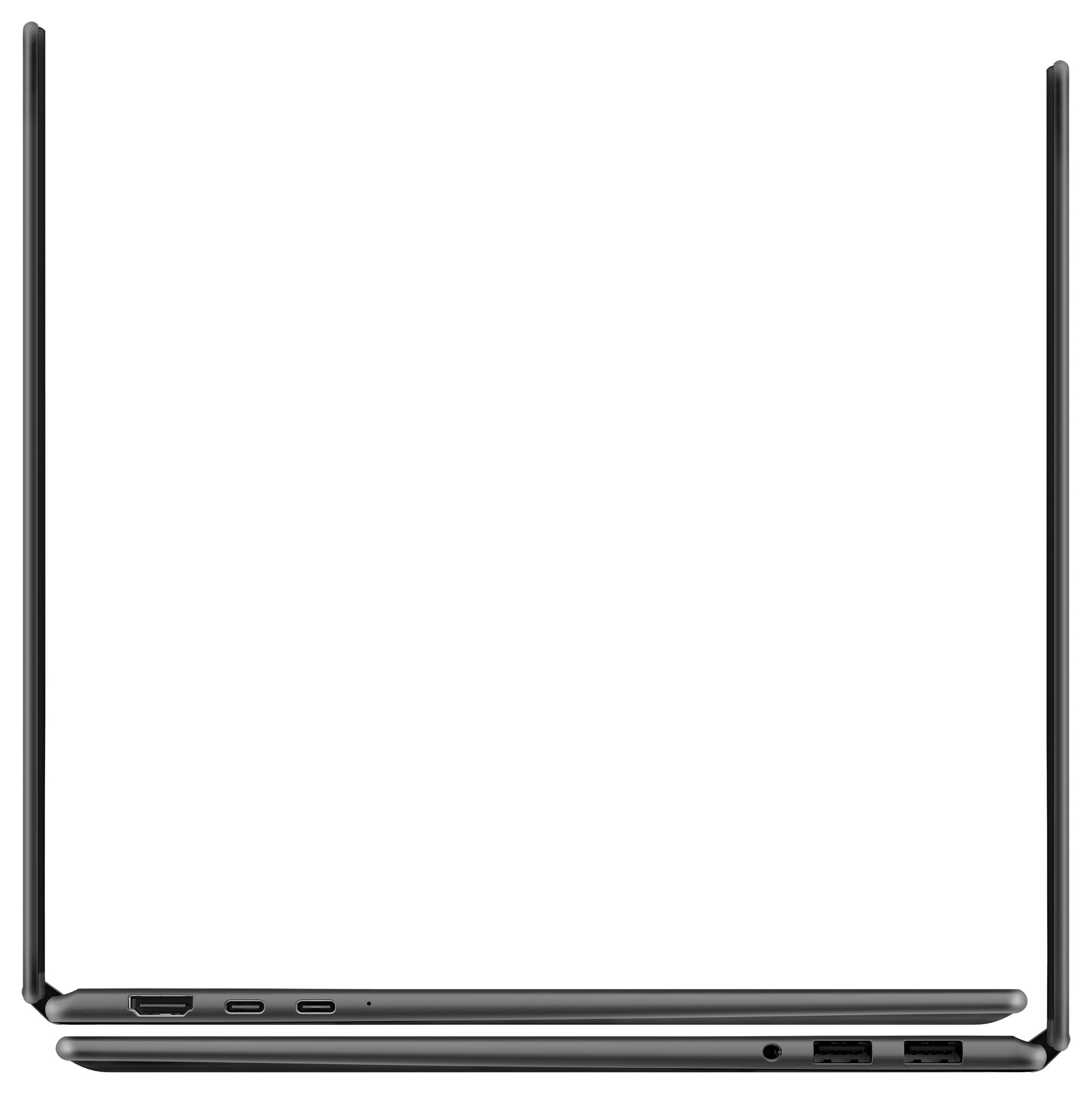 Offener schwarzer Laptop von der Seite gezeigt, mit dem Bildschirm vertikal nach oben geklappt und sichtbaren Anschlüssen entlang der Unterseite.